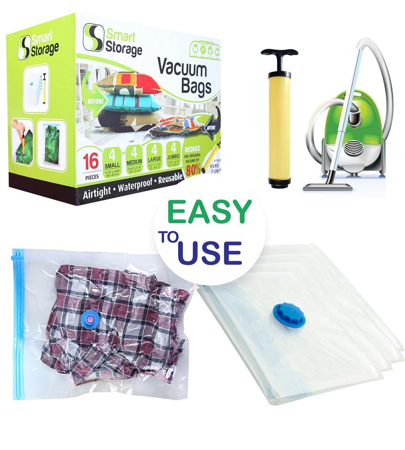 Smart Storage 16 Pack Vacuum Storage Bags, Space Saver Bags (4 Jumbo/4 Large/4 Medium/4 Small) Vacuum Sealer Bags for Clothes Storage with Travel Hand Pump - Image 5
